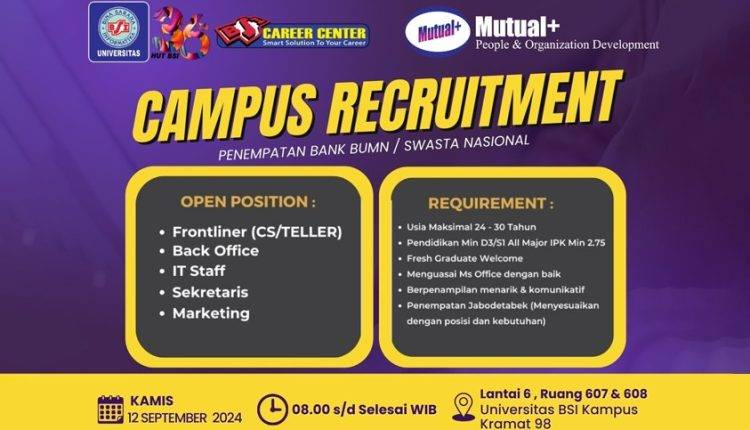 Campus Recruitment Universitas BSI Bekerja Sama Dengan PT Mutual+ , Ayo Daftar Sekarang!