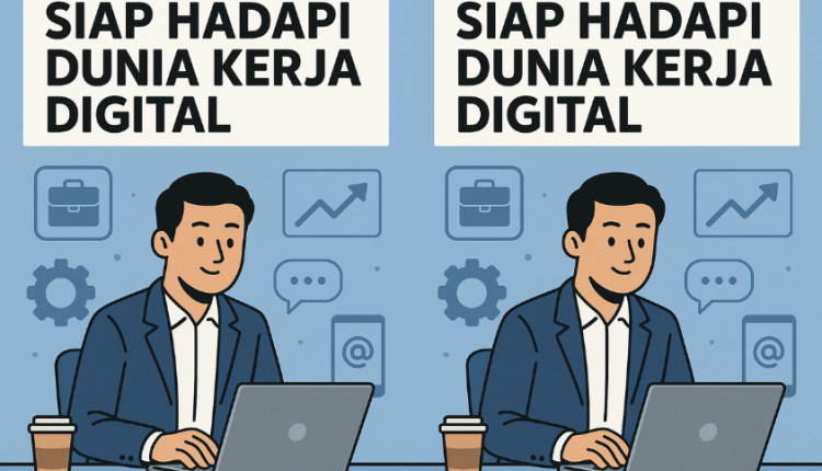 Mahasiswa siap hadapi dunia kerja digital dengan laptop dan simbol teknologi di sekelilingnya.