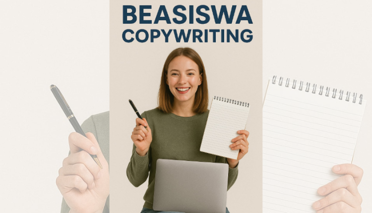 Program Beasiswa Copywriting UBSI Kampus Tangerang menunjukkan antusiasme menulis dengan laptop dan buku catatan, simbol semangat generasi muda di dunia digital kreatif.