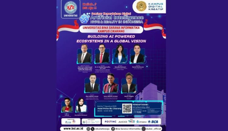 Poster Seminar Kemerdekaan Digital UBSI Kampus Cikarang bertema “Artificial Intelligence: Hype & Reality in Indonesia” dalam rangka HUT ke-80 Republik Indonesia