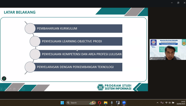 Universitas Bina Sarana Informatika (UBSI) sebagai Kampus Digital Kreatif melalui Program Studi Sistem Informasi menyelenggarakan kegiatan Persamaan Persepsi Matakuliah pada Kamis, (18/9). Kegiatan ini diikuti oleh para dosen pengampu enam mata kuliah, yaitu Metodologi Penelitian, Fundamental Data Analyst, Statistika dan Probabilitas, Sistem Informasi Manajemen, Algoritma Data Science, serta Tata Kelola IT.
