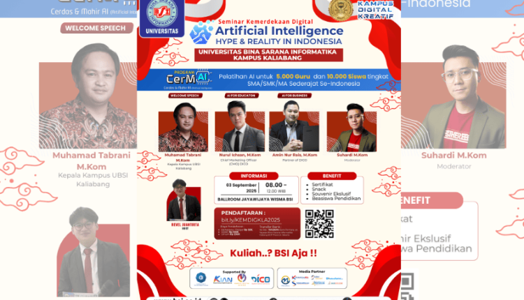 Poster Generasi Muda Bekasi Siap Menyambut Seminar AI Kemerdekaan Digital UBSI 2025