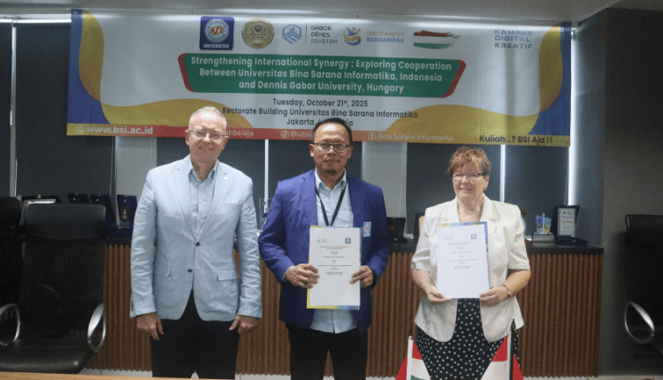 Penandatanganan MoU antara UBSI engan Dennis Gabor University, Hungaria, untuk memperkuat kerja sama internasional di bidang akademik dan penelitian, berlangsung di Gedung Rektorat UBSI Kramat 98, Jakarta